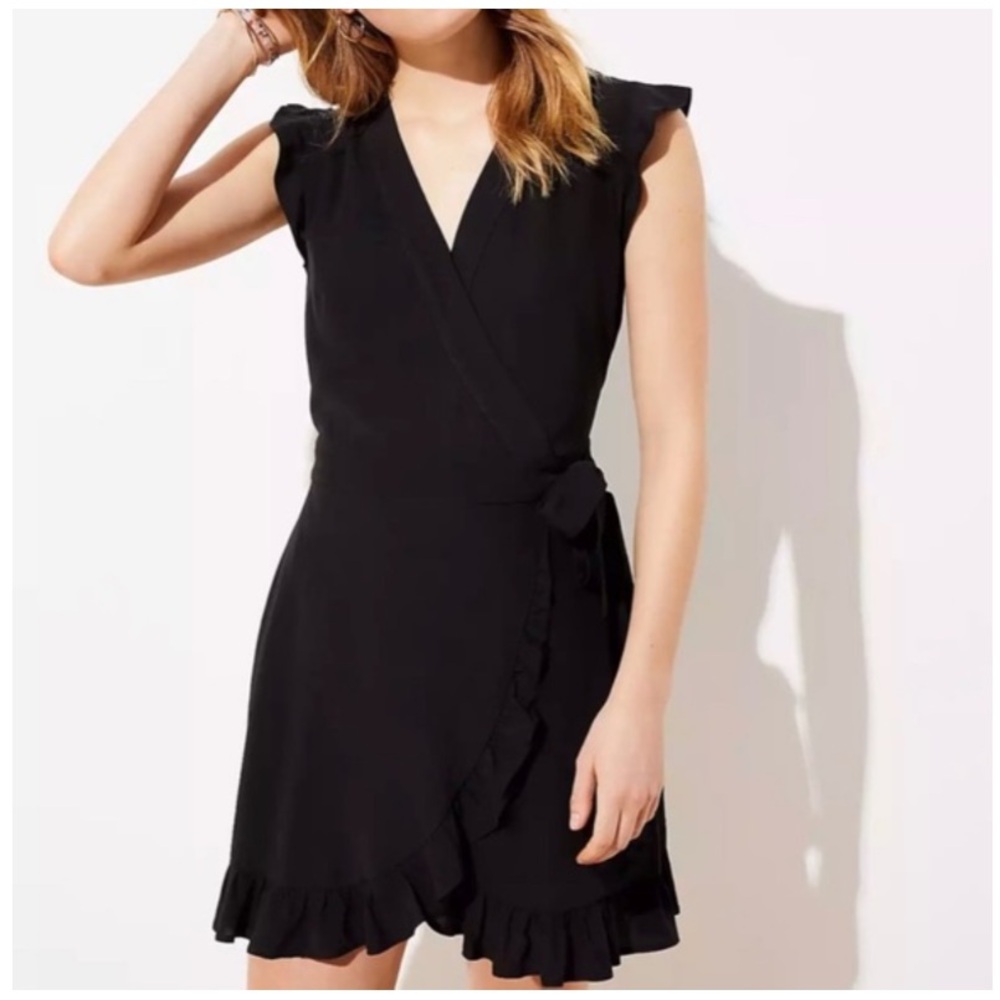 LOFT Black Ruffle Tie-Waist Wrap Romper